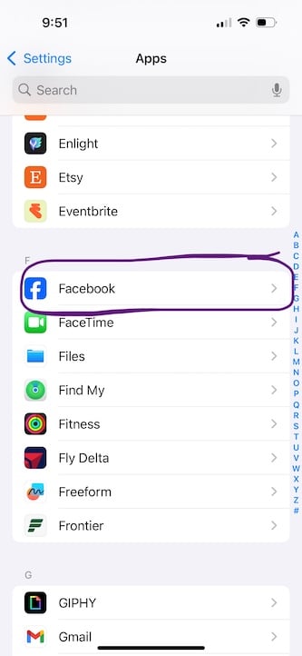 Facebook menu tile within the iPhone Apps menu