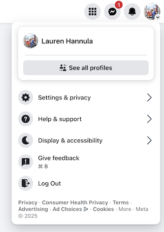 Facebook desktop site "Settings and privacy" menu