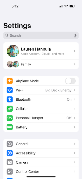 Settings menu showing Apple ID name