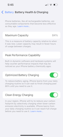 iPhone 14 Pro showing maximum battery capacity of 84%