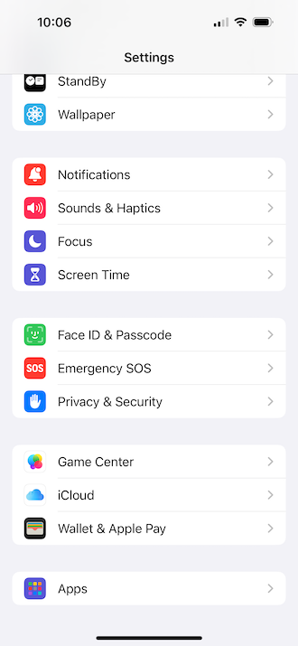 iPhone settings showing the app menu