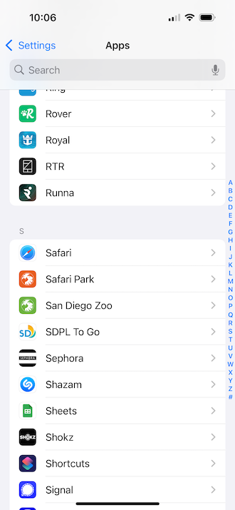 iPhone App settings showing the Safari app