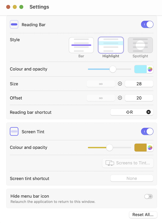 Screenshot of ReadingBar settings