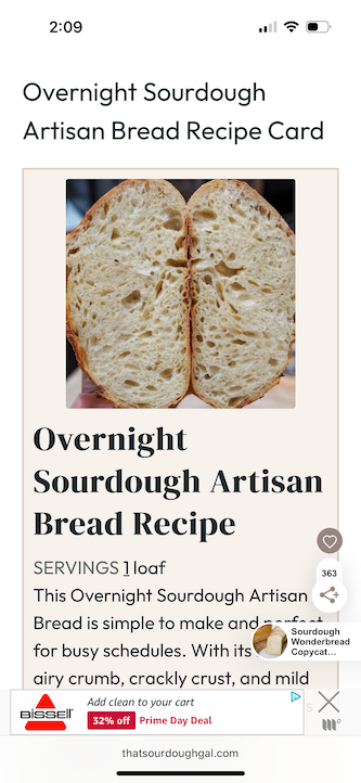 Screenshot of sourdough bread recipe on iPhone