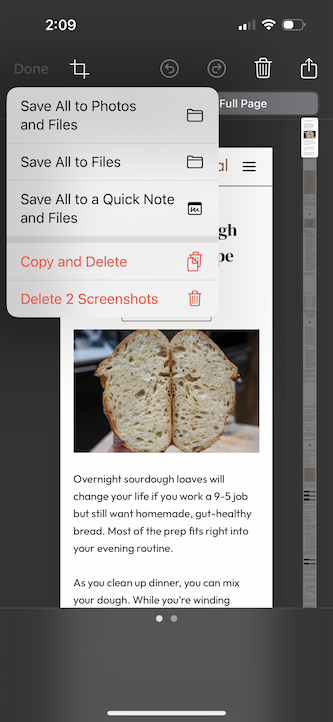 Save options for a full page screenshot on iPhone