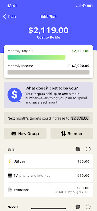 Screenshot of YNAB personal finances.