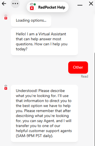 Red Pocket’s chatbot offering to connect me with an agent. Red Pocket’s chatbot offering to connect me with an agent.