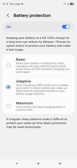 Screenshot of Android battery protection setting