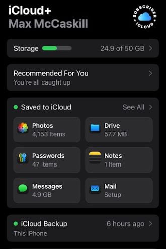 iCloud+ menu for backing up iPhone.