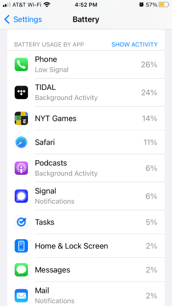 Screenshot of iPhone battery usage settings menu