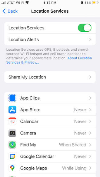 Screenshot of location services setting menu on iPhone