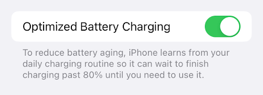 Screenshot of iPhone Optimized Battery Charging setting