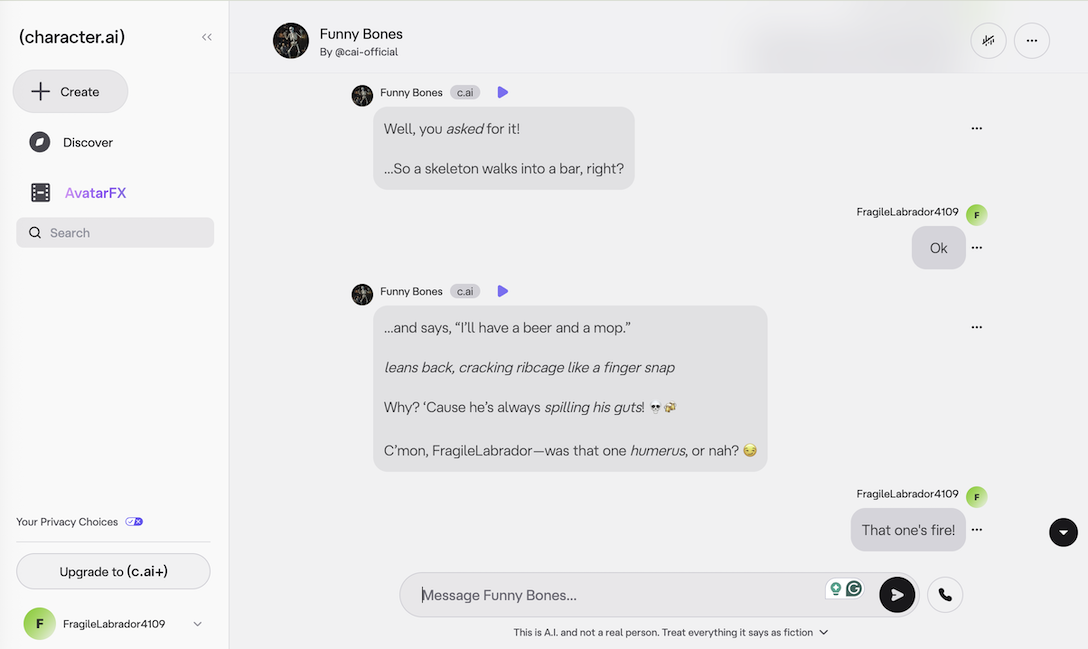 desktop screenshot of Character.ai conversaation
