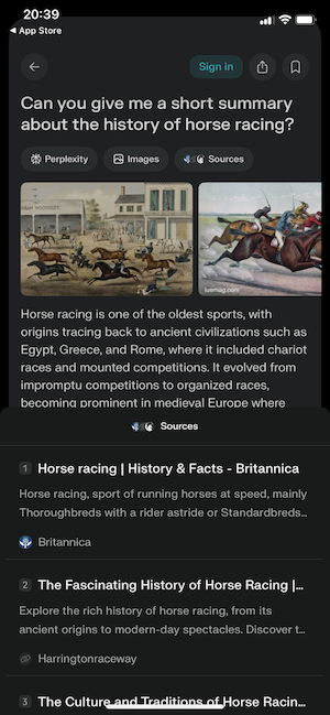 Screenshot of the Perplexity AI app on an iPhone
