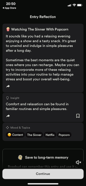 Screenshot of a Rosebud conversation on an iPhone