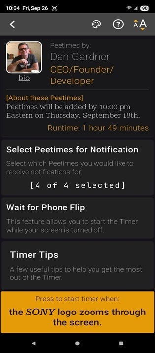Screenshot of the Run Pee timer.
