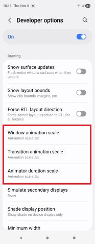 Screenshot of where to find Animation Settings in development options on Samsung Galaxy Z
