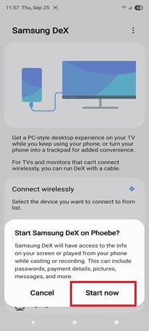 Screenshots of connecting your phone to a smart TV via Samsung DeX