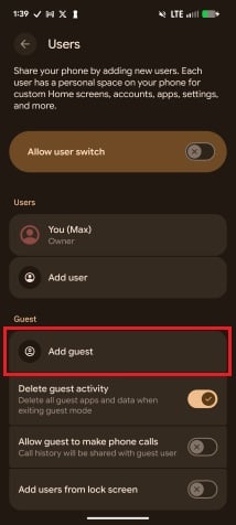 Screenshots for setting up Guest Mode on a Pixel 6.