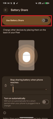 Screenshots for turning on Battery Share on a Pixel 6.