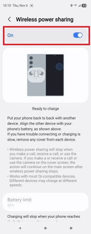 Screenshots for turning on Wireless Power Sharing on a Samsung Galaxy ZFold 5.