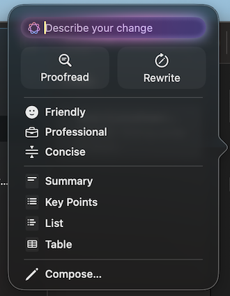 Apple Intelligence writing tools on Mac. Apple Intelligence writing tools on Mac.