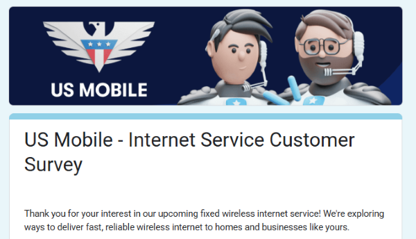 US Mobile home internet survey screenshot. 
