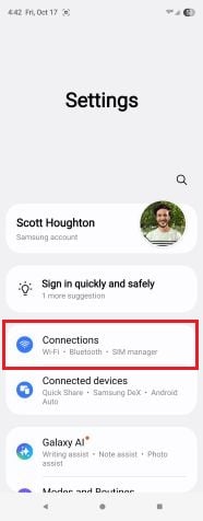 Find the connections menu in settings