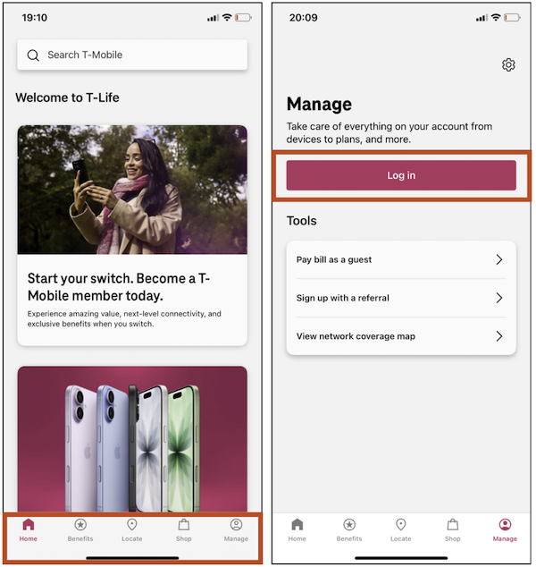 screenshots of T-Life on iPhone