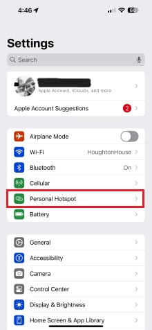Find personal hotspot in settings