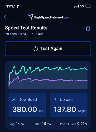 Google Fi speed test of 380Mbps.