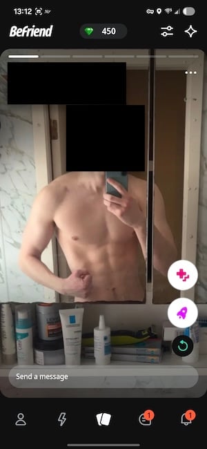 BeFriend app showing shirtless male profile photo on friendship platform