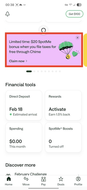 Chime app showing $20 SpotMe boost offer for filing taxes