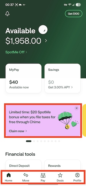 Chime account home screen
