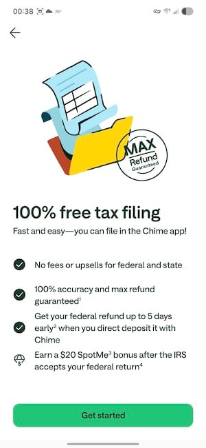 Chime app showing the tax filing Get Started screen