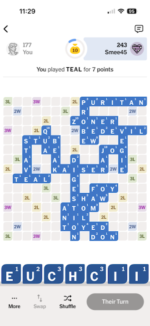Screenshot of Crossplay app gameboard showing turn-based play on a shared board