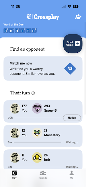 Screenshot of Crossplay app homescreen displaying stats and game options