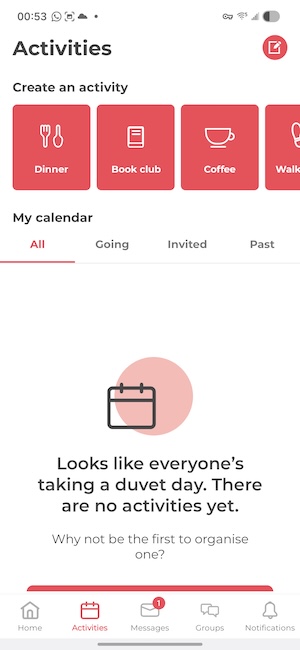 Gofrendly app activities tab showing local events and meetups