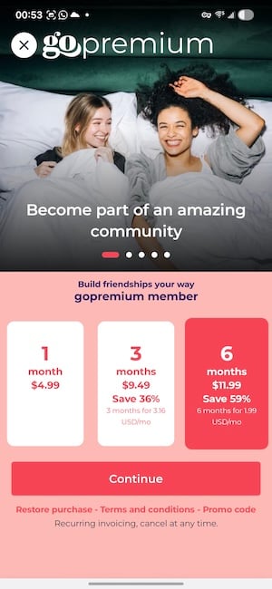 Gofrendly premium pricing options screen