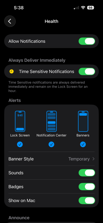 Health app notification settings.