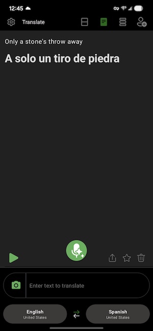 Microsoft Translator app interface showing text translation between English and Spanish