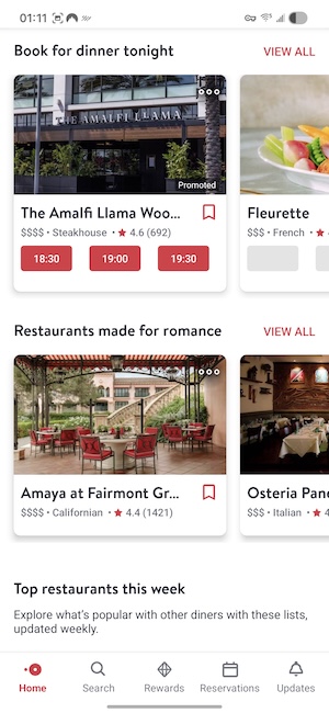 OpenTable app showing available reservation times for restaurants in your area