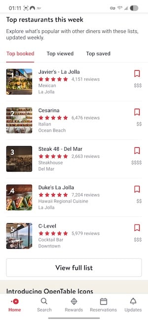 OpenTable app showing top-rated restaurants with user reviews and ratings