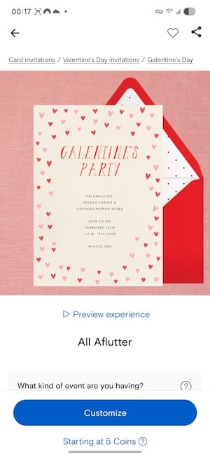Paperless Post card categories showing Valentine's Day and celebration themes