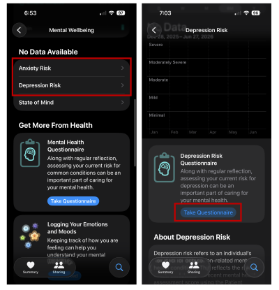 Mental health questionnaire steps in the Health app. 