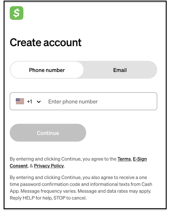 Screenshot of Cash App's sign up page with the sign up button highlighted in the upper right corner