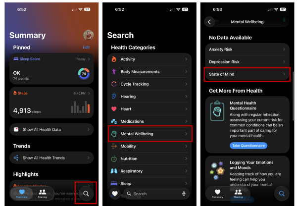 Steps to open State of Mind in the Health app. 