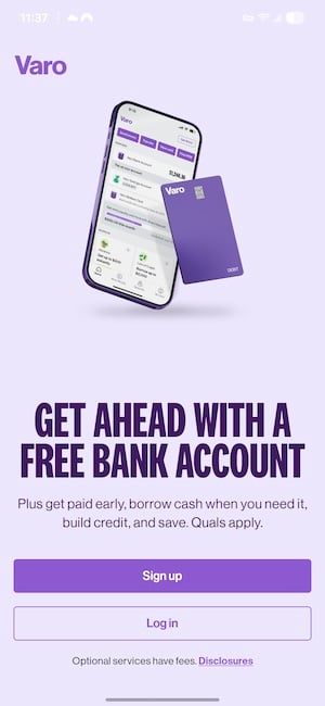 Varo bank login screen