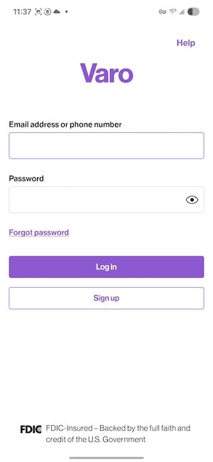 Varo bank app screen