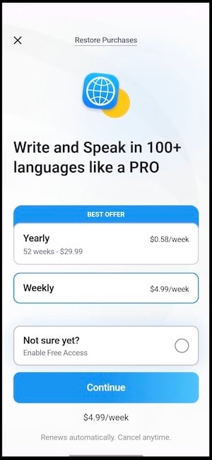 iTranslate app showing the premium pricing